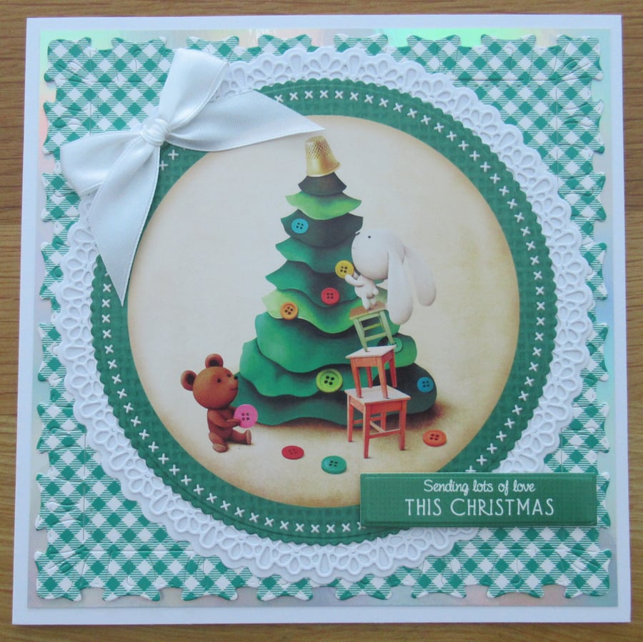 Rabbit & Bear Decorating The Tree - 7x7" Christmas Card