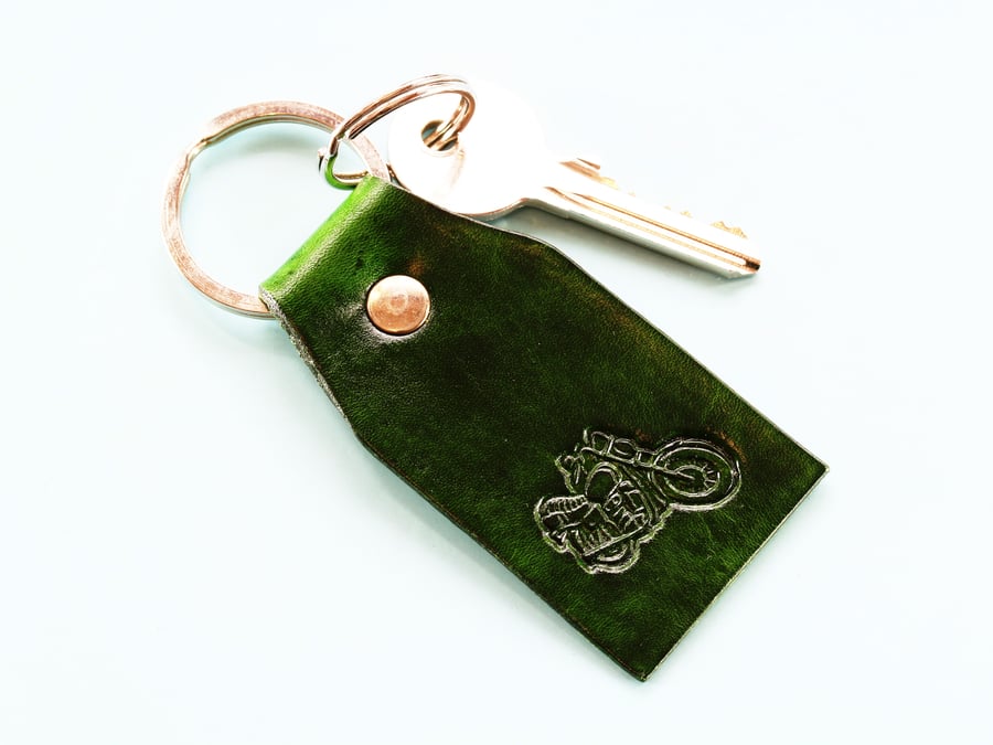 Motorcycle Green Leather Keyring, Motorbike Leather Key Fob, Leather Keychain