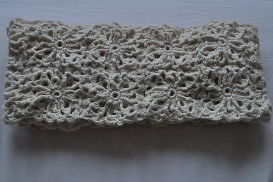 Cream granny square crocheted scarf