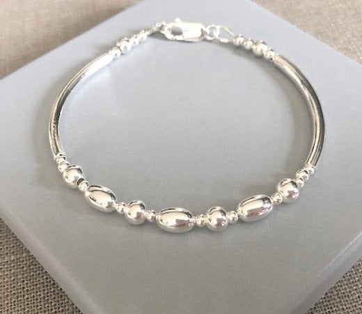 Sterling Silver Bangle Bracelet, Silver Beaded Noodle Bracelet