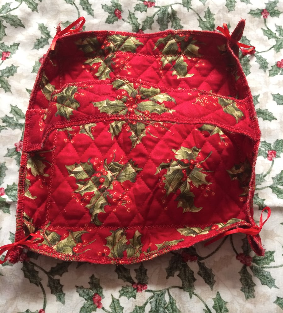 Decorative red and holly quilted square fabric basket