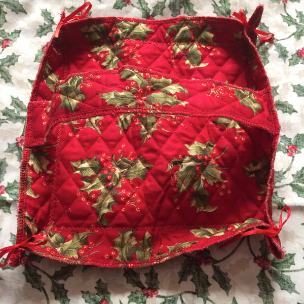 Decorative red and holly quilted square fabric basket