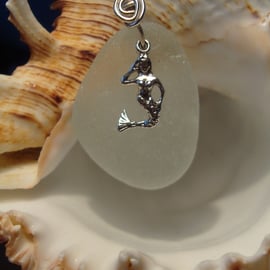 Sea Glass & Sterling Silver Necklace with Mermaid Charm