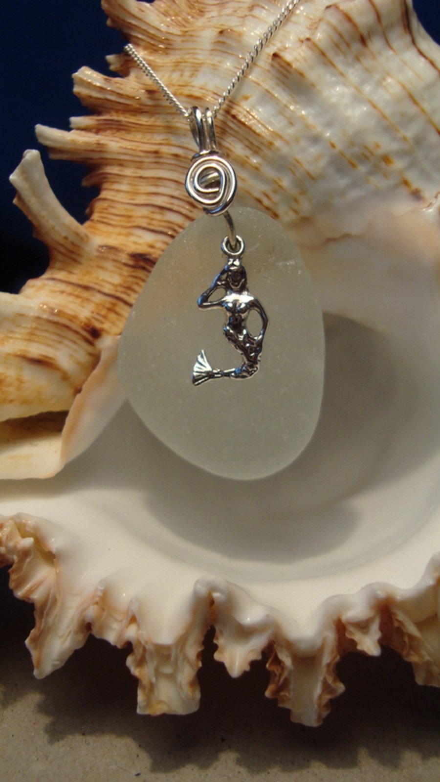 Sea Glass & Sterling Silver Necklace with Mermaid Charm