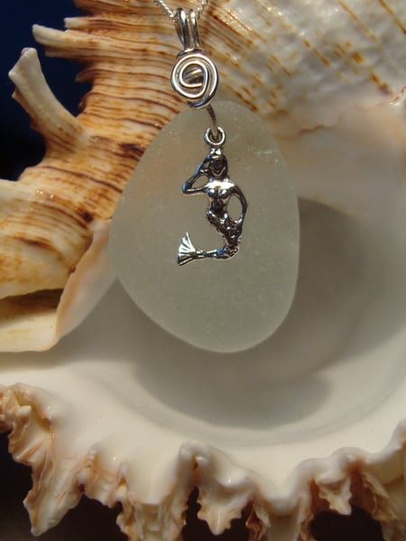 Sea Glass & Sterling Silver Necklace with Mermaid Charm