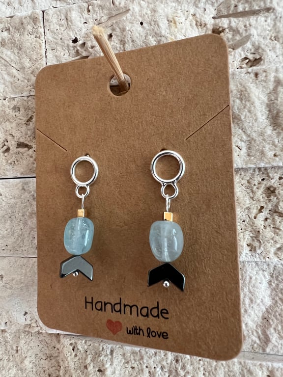 Elegant Sterling Silver Drop Stud Earrings With Aquamarine and Hematite 