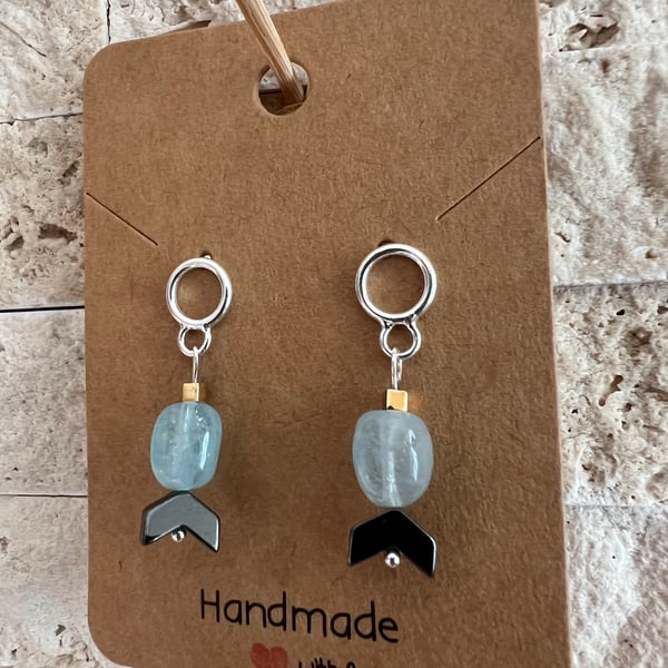 Elegant Sterling Silver Drop Stud Earrings With Aquamarine and Hematite 