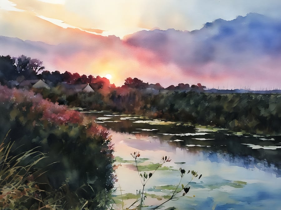 Print of Original Water Colour A4 Sunset Norfolk Fen