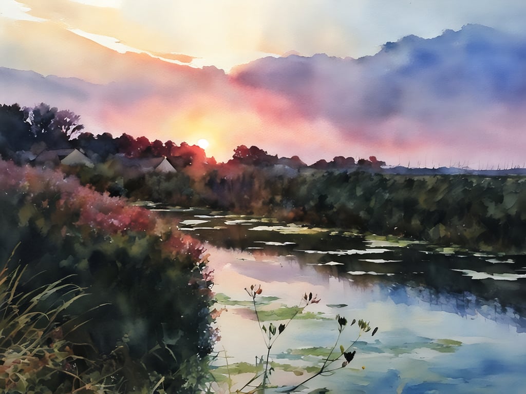 Print of Original Water Colour A4 Sunset Norfolk Fen