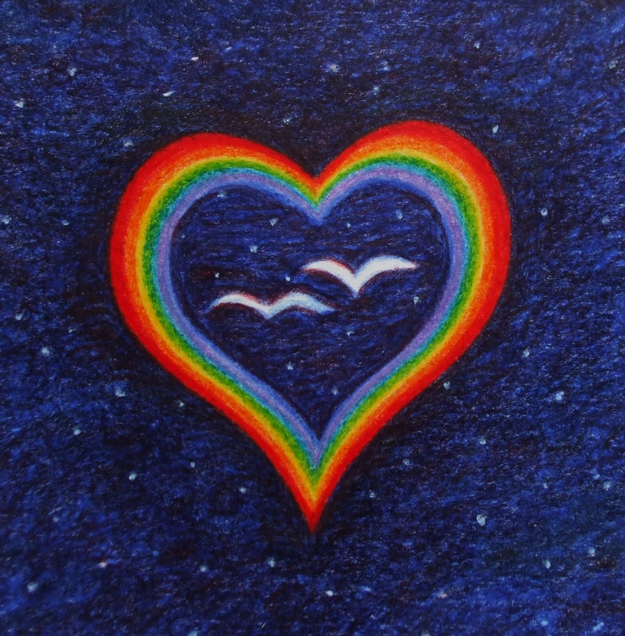 Heart Card, LGBT Rainbow Birds Card, Gay Lesbian, Romantic Spiritual Art Card