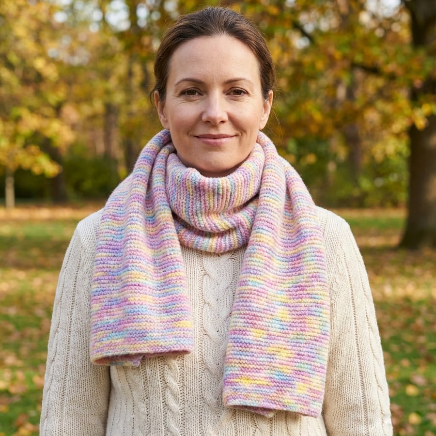 Hand knitted ladies long and wide winter scarf in pastel tones