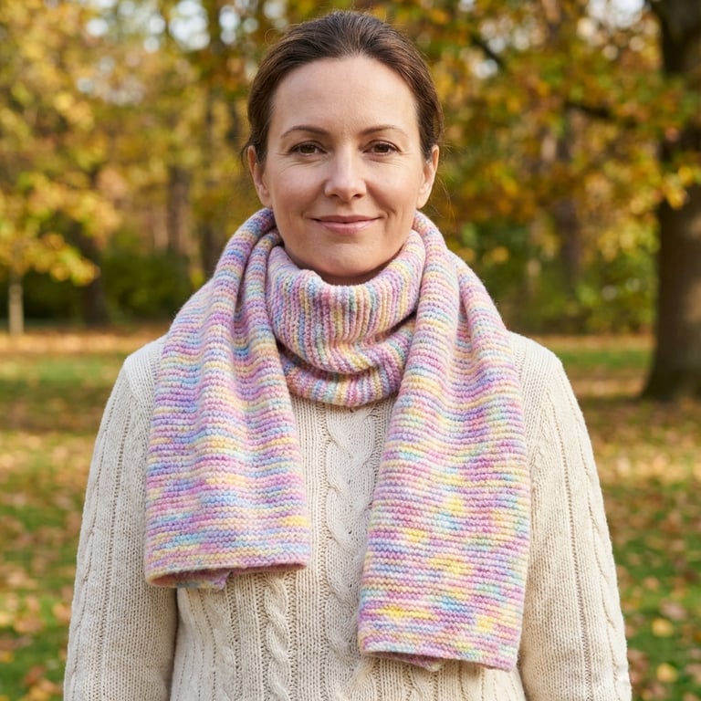 Hand knitted ladies long and wide winter scarf in pastel tones