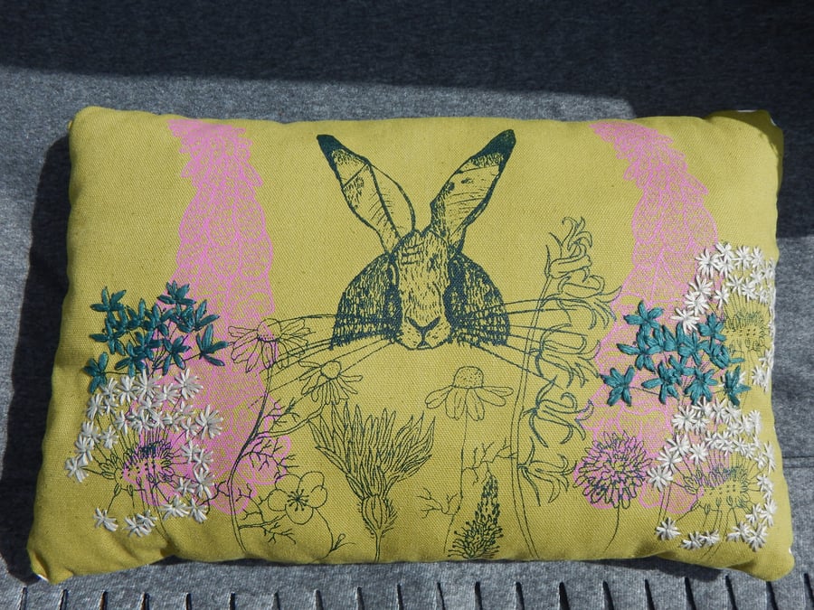 Hare and Wild flower Green Cotton Canvas Cushion  Screen printed