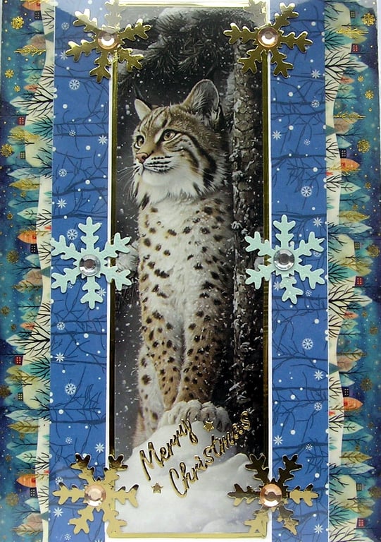 Hand Crafted Decoupage Chistmas Card - Merry Christmas (3230) Wild Bobcat Animal