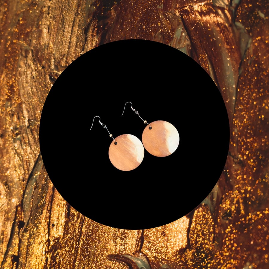 Earrings - Boho style, Dangle, Alcohol Ink on Wood - Gold Plated, Freepost