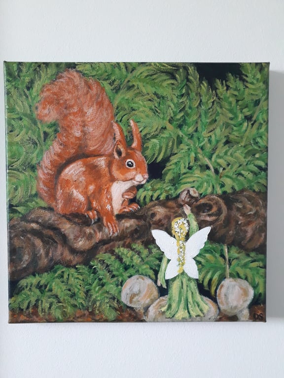 Fairy friends, original painting.  A fairy offering a red squirrel a hazelnut.  