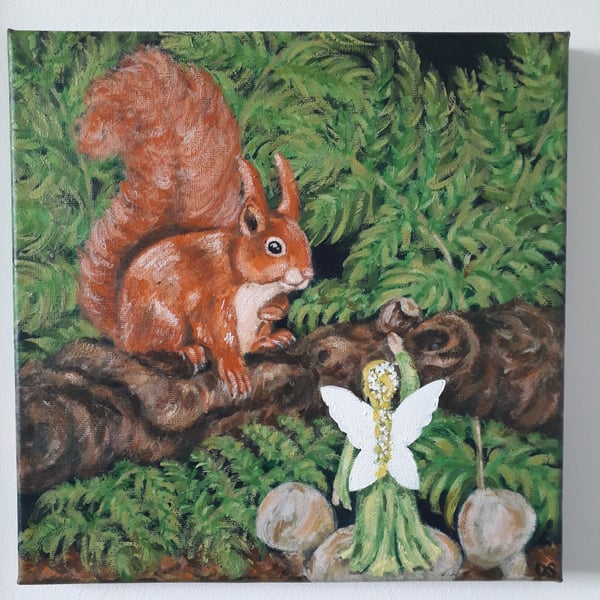 Fairy friends, original painting.  A fairy offering a red squirrel a hazelnut.  