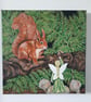 Fairy friends, original painting.  A fairy offering a red squirrel a hazelnut.  