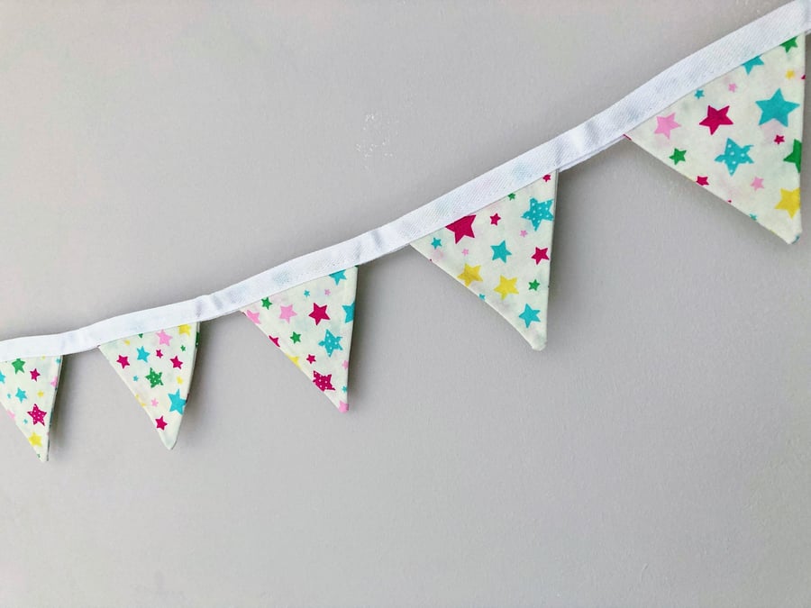 Multicoloured Stars Mini Bunting. Double Sided Cotton Fabric.