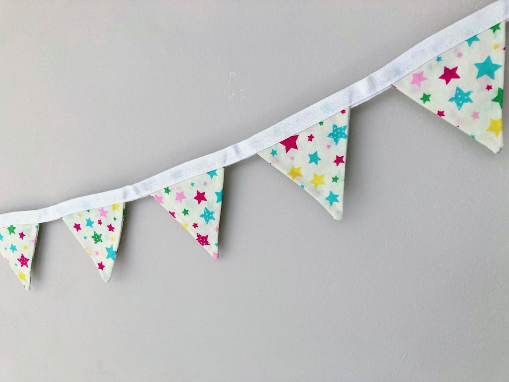 Multicoloured Stars Mini Bunting. Double Sided Cotton Fabric.