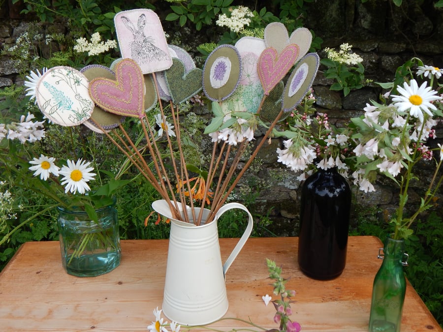 Hare, hearts and wild flowers - Screen printed fabric and willow flowers