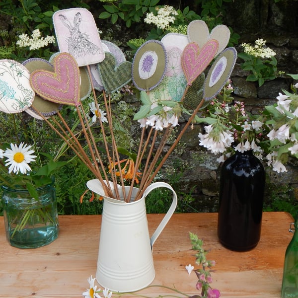 Hare, hearts and wild flowers - Screen printed fabric and willow flowers