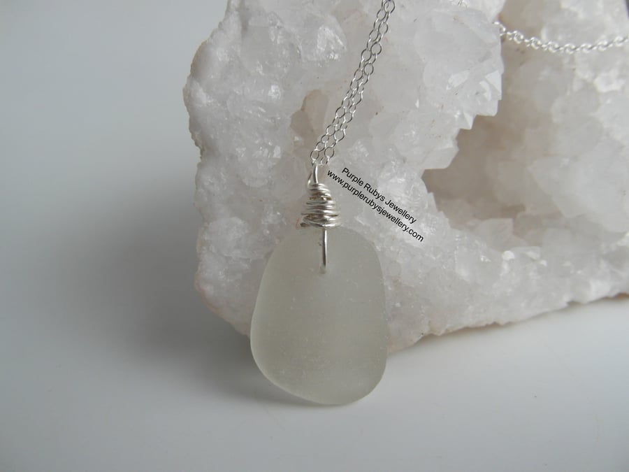 White Cornish Sea Glass Necklace, Sterling Silver, N555