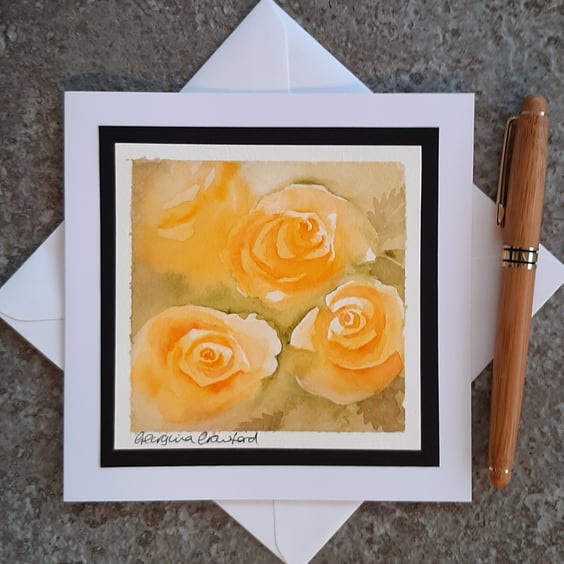 Handpainted Blank Floral Card. Yellow Roses. The Card That's Also A Keepsake