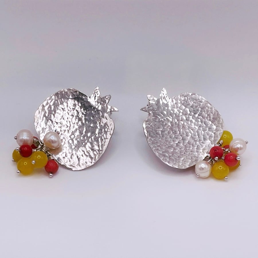 Hammered Pomegranate  Silver Earrings with Pearls, Coral and Citrine