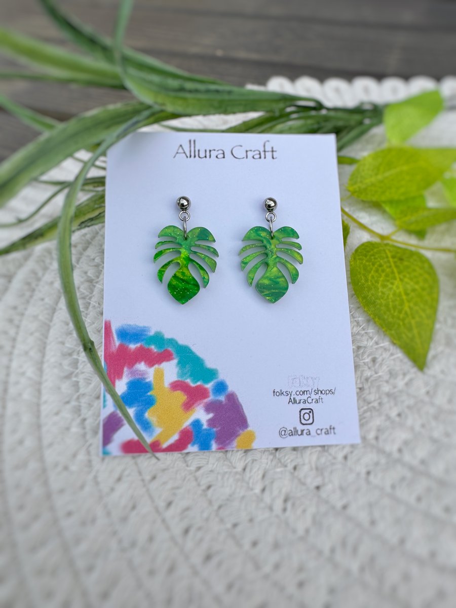 Monstera Leaf Pearlescent two tone Green  Earrings