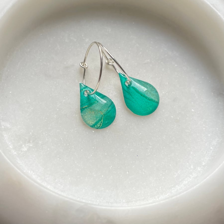 Green teardrop hoops – colourful handmade earrings with sterling silver hoops 