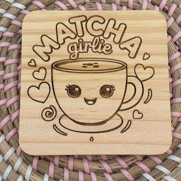 Wooden Coaster - Matcha Girlie - 10cm Square Design - Handmade