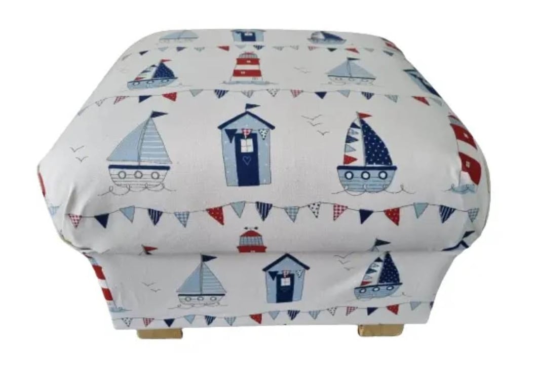 Storage Pouffe Fryetts Maritime Boats Fabric Footstool Ships Nautical White Blue