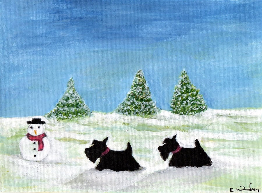 Original Scottish Terrier Dogs in the Snow Art Acrylic Painting