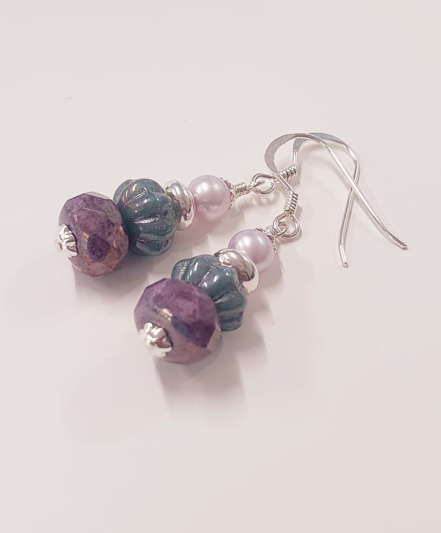 Purple and Teal Drop Earrings in Sterling Silver 