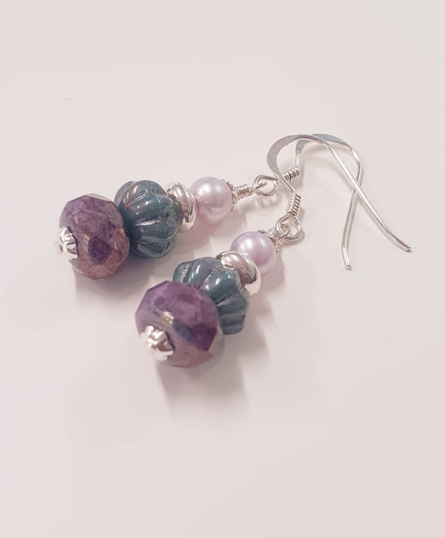 Purple and Teal Drop Earrings in Sterling Silver 