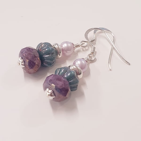Purple and Teal Drop Earrings in Sterling Silver 