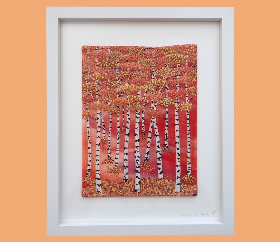 Artist made fused glass 'Autumn Silver Birch' Picture.
