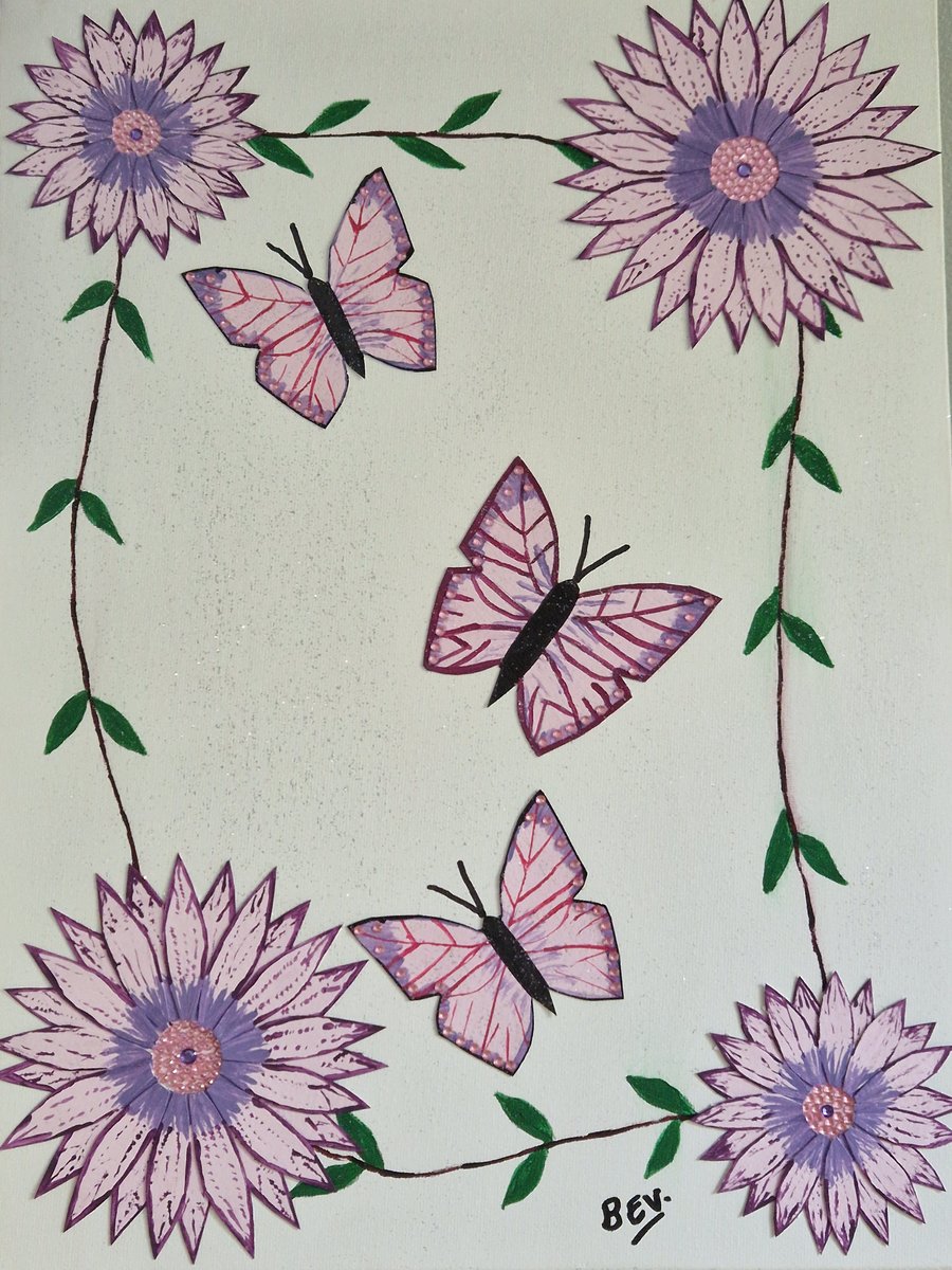 Pink and lilac flowers and butterflies. 
