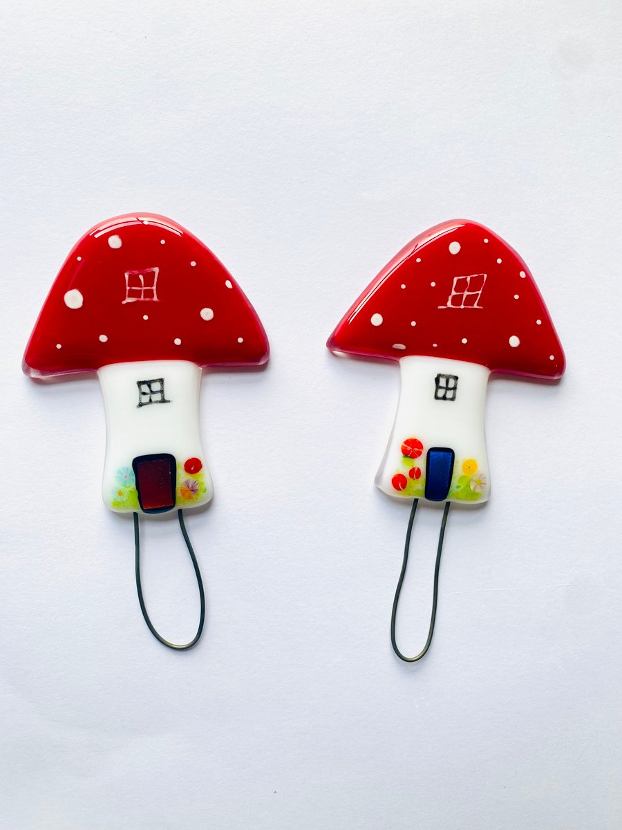 One fused glass mushroom fairy house garden stake plant pot decorations 