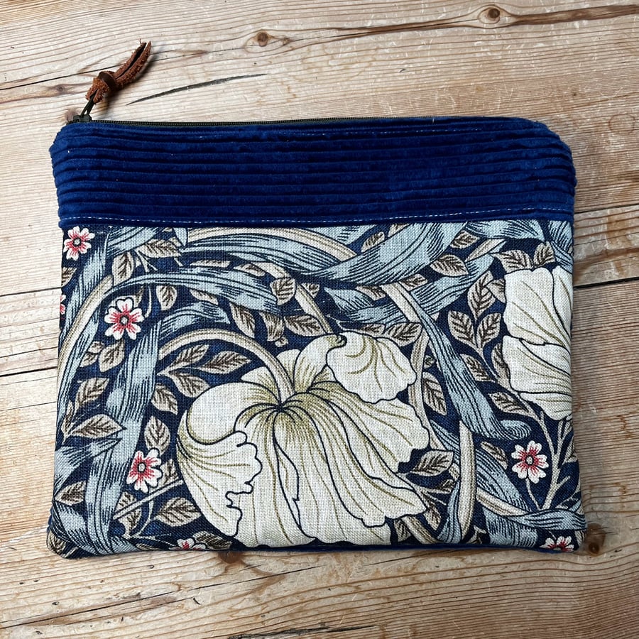 William Morris Pimpernel floral book pouch zip bag with waste materials