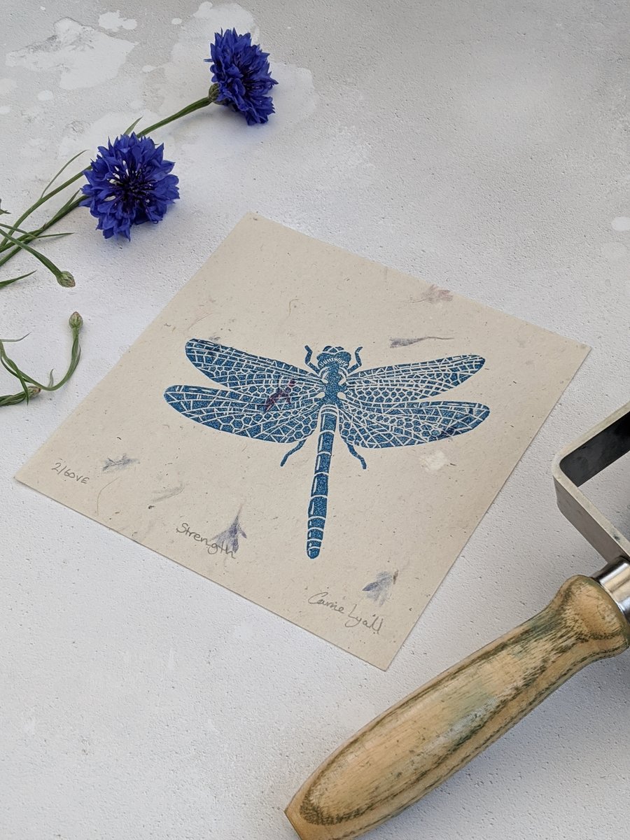 Dragonfly Linocut Print, Insect Art, Symbol of Strength.