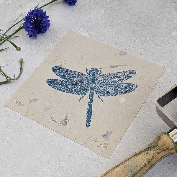 Dragonfly Linocut Print, Insect Art, Symbol of Strength.