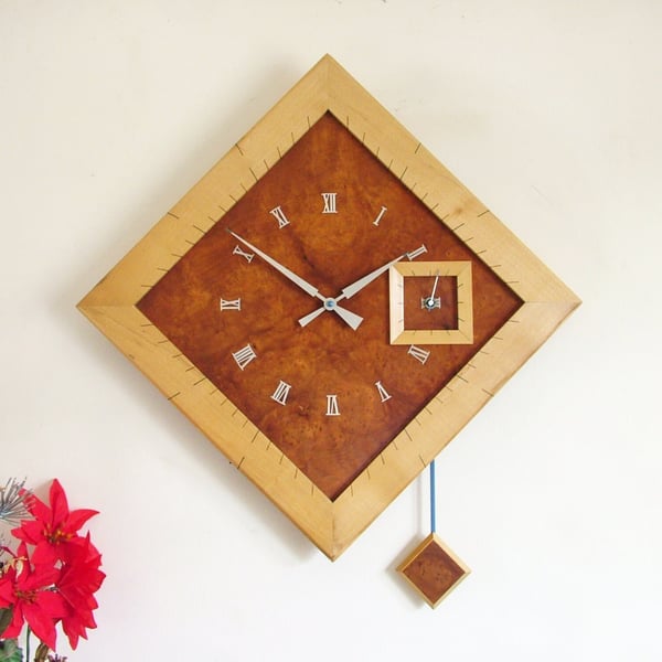 Large Diamond Pendulum Wall Clock, handmade in burr madrona and sycamore.