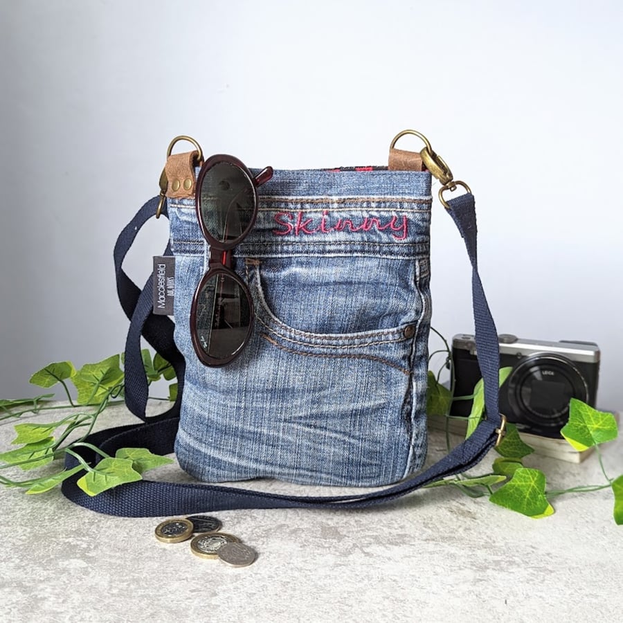 Denim Bag - Mini Cross Body Crossover Bag in Preloved Denim