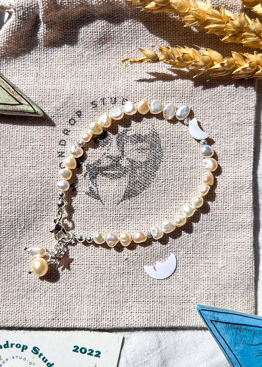 Celestial Moon & Pearl Bracelet - Freshwater Pearls & Mother of Pearl
