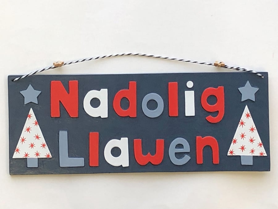 Nadolig llawen, Christmas hanging decorative sign in navy, red and white.