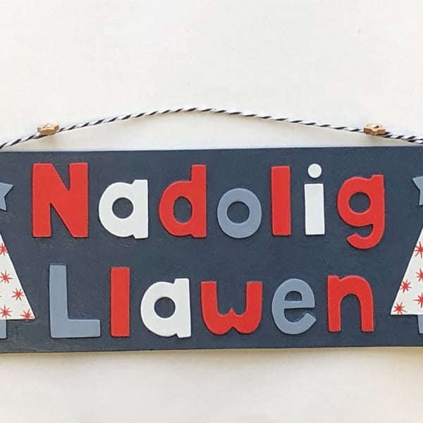 Nadolig llawen, Christmas hanging decorative sign in navy, red and white.