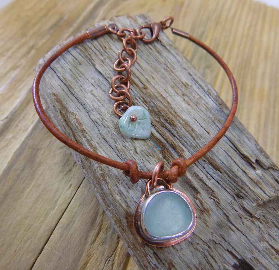 Simple copper and silver bezel set sea glass charm bracelet