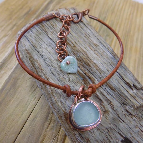 Simple copper and silver bezel set sea glass charm bracelet